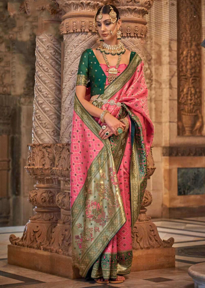 Semi Silk Banarasi Saree in combination of Rama Green and Pink -  Traditional Essence