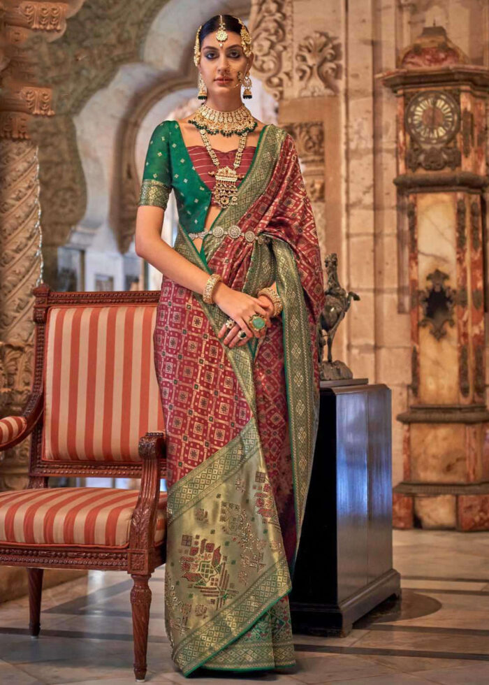 Green & Red Fancy Banarasi Silk Saree With Weaving – Bahuji - Online  Fashion & Lifestyle Store