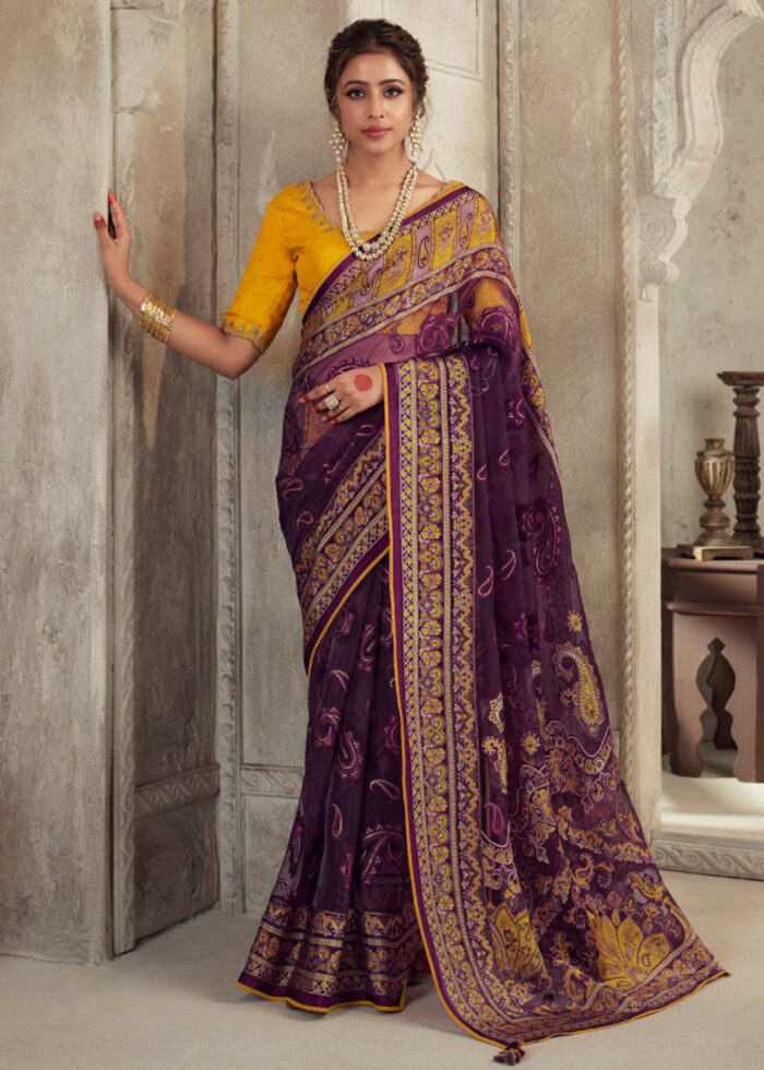 Lavender Purple Soft Silk Saree and Dark Purple Contrast Embroidery Work  Designer Blouse for Women Wedding,party,festive - Etsy