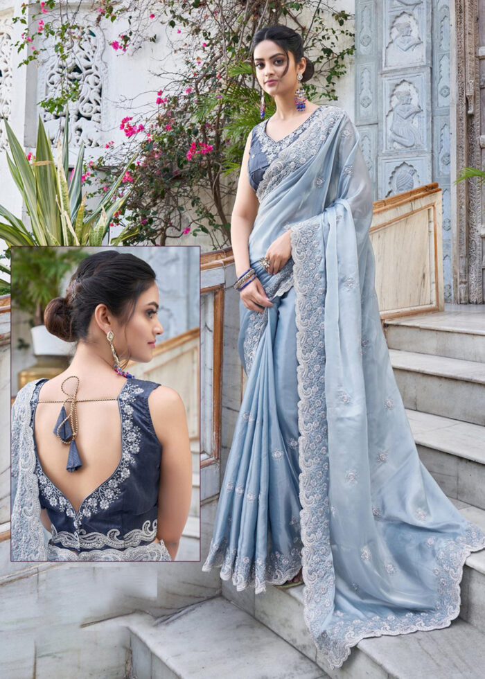 Womens Silk Blend Woven Design Handloom Sky Blue Saree