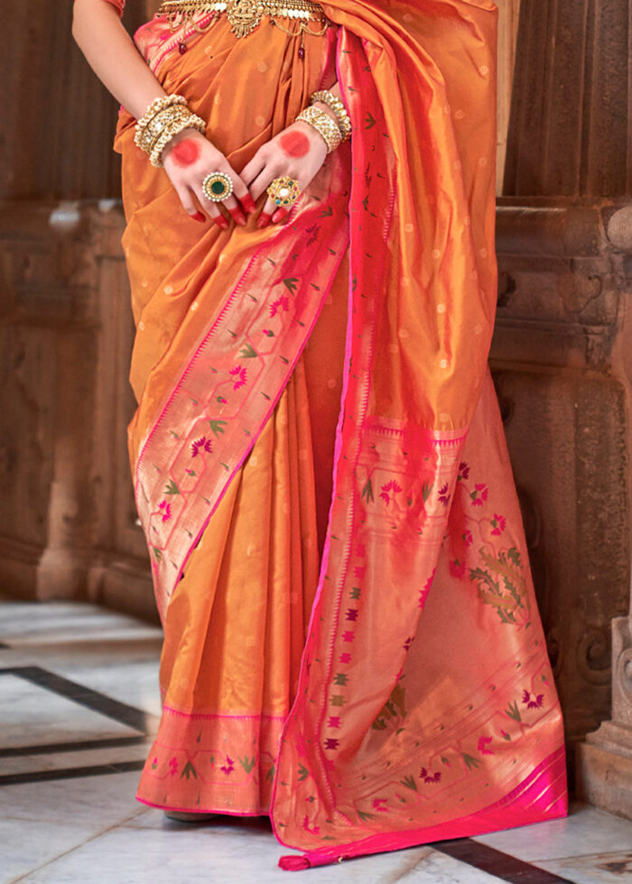 Fire Orange Lichi silk saree with heavy blouse