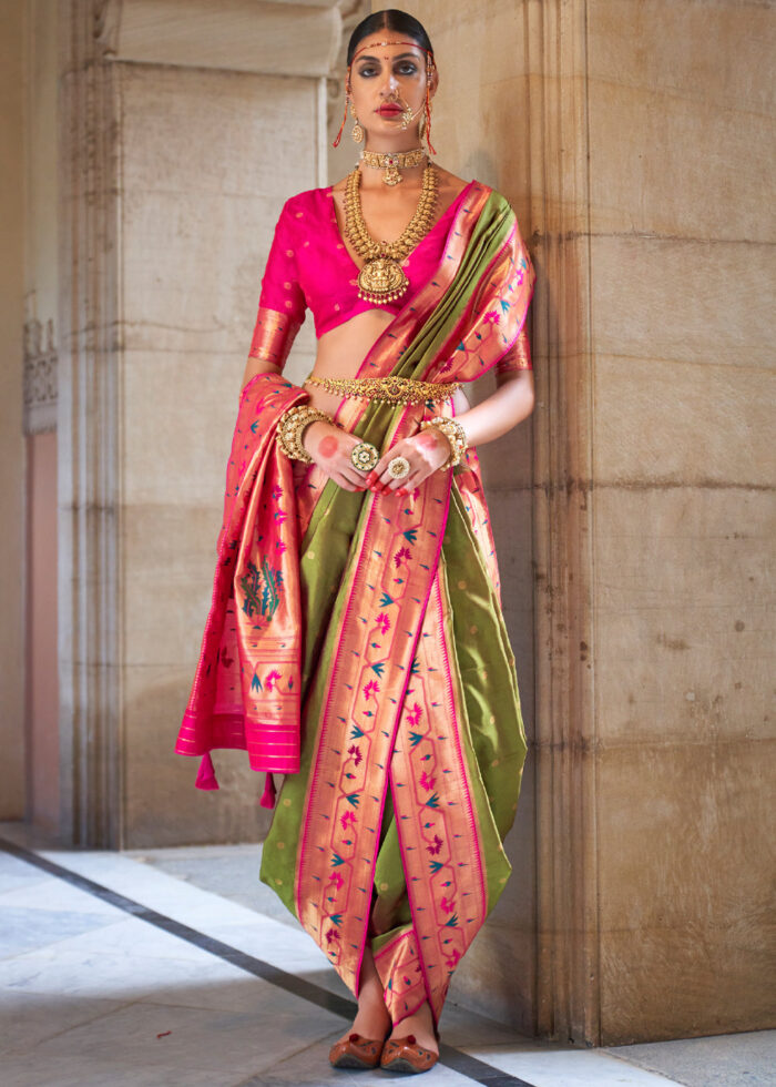 Buy Banarasi Silk Saree In Magenta Pink And Green Color Online - SARV08237  | Andaaz Fashion