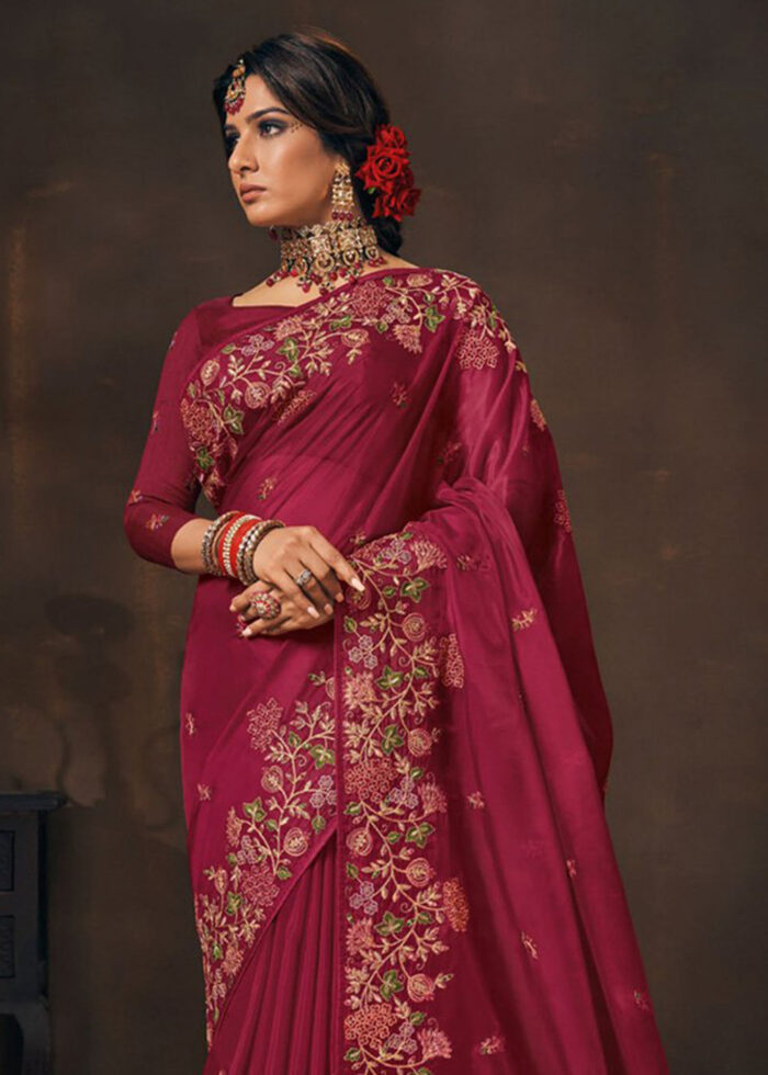 Maroon party wear store saree