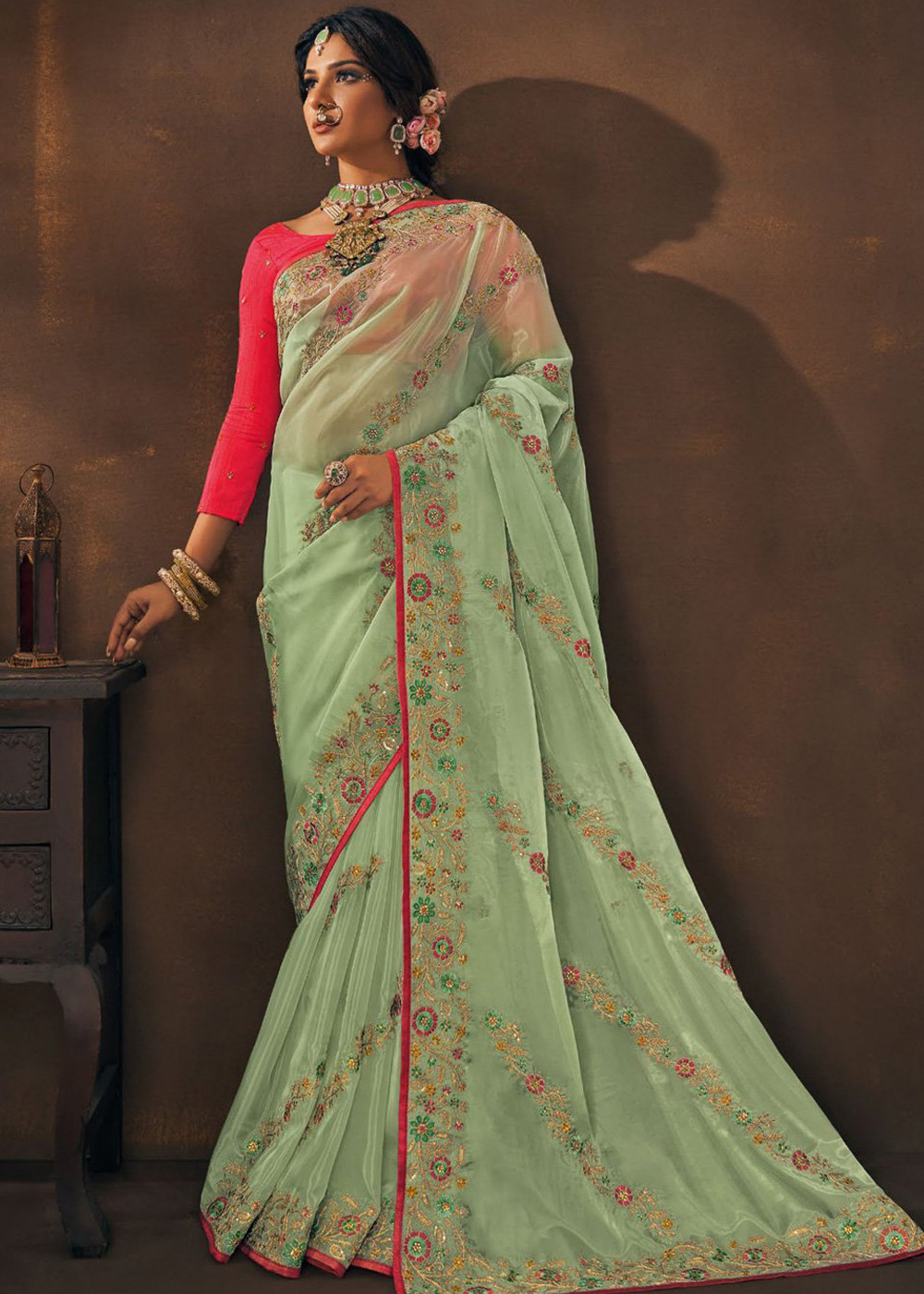 Pista Green Organza Party Wear Saree With Contrast Blouse - Mejaaz