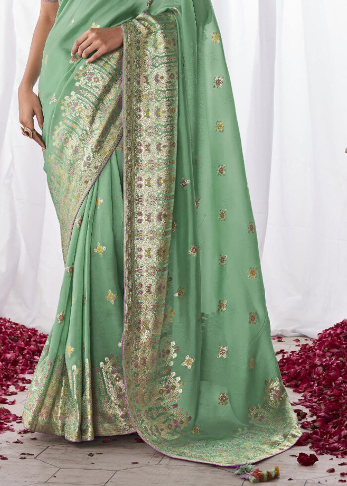 Pastel Green Mirror Work Style Georgette Saree with Art Silk Border an –  Glitter Gleam