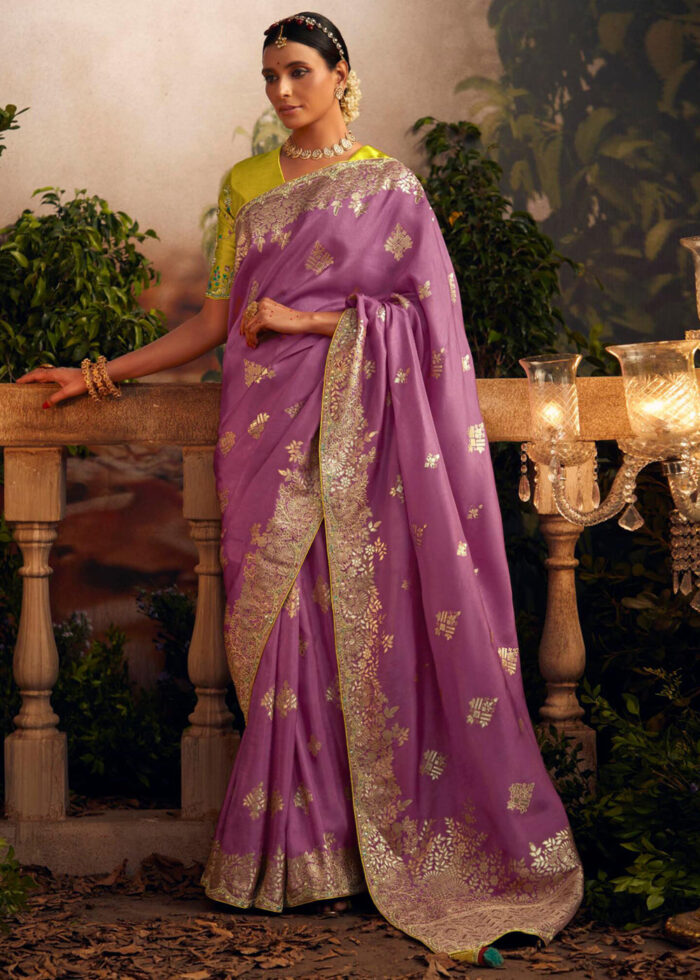 Purple Soft Brasso Saree Contrast Blouse Green