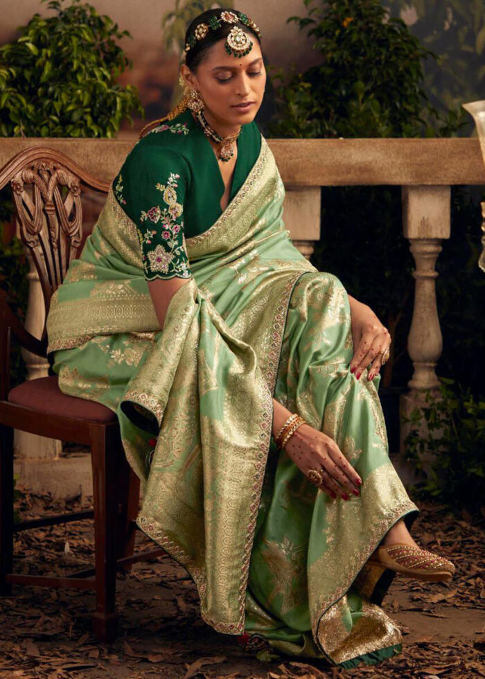 Pista Green & Grey Kanchivaram Semi Soft Silk Saree - Sri Arya Silks