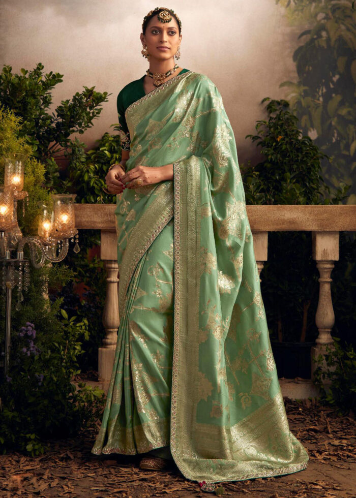 Pista Green And Pink Pure Silk Saree at 6499.00 INR in Surat | Kimora  Fashion Private Limited