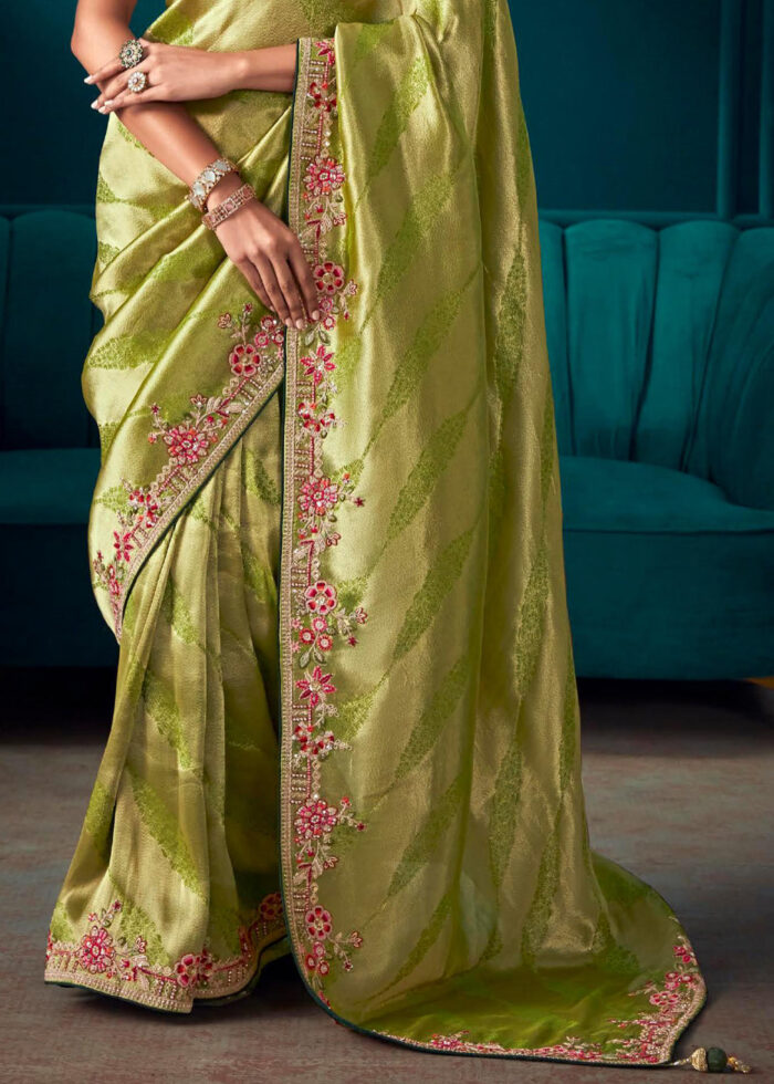 Buy Traditional Wear Olive Green Thread Work Vichitra Silk Saree Online  From Surat Wholesale Shop.